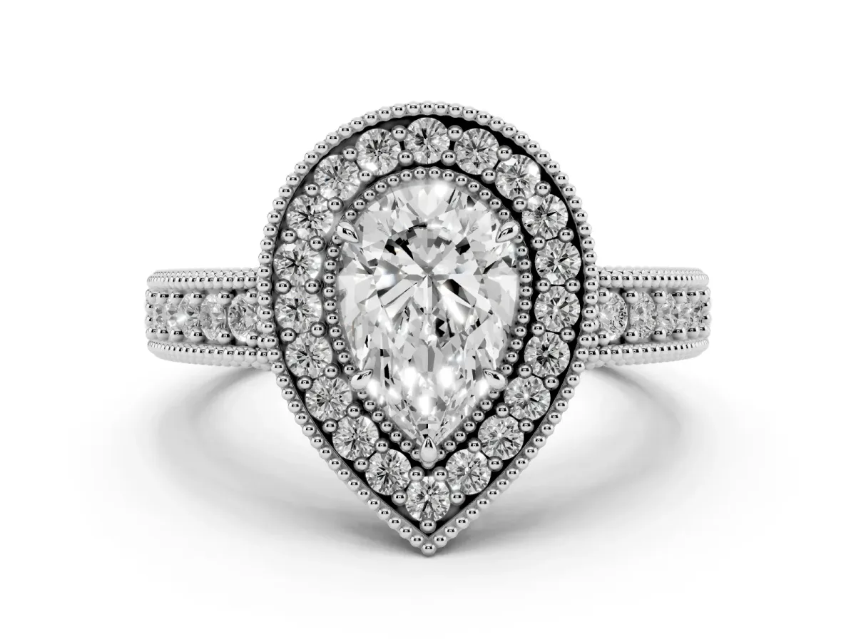 Pear Cut Cut Halo Diamond Ring with Pavé Band and Four-Prong Setting Silver