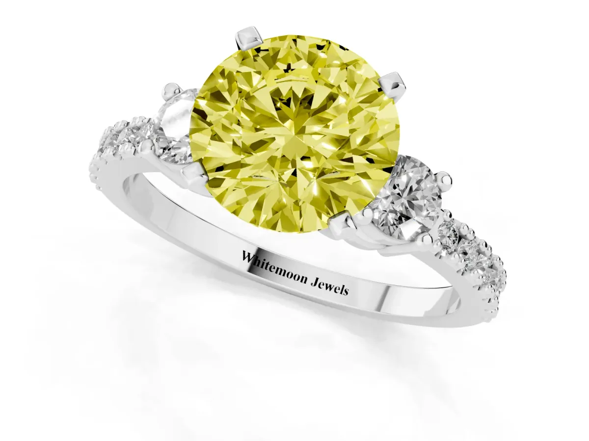 Fancy Yellow Round Cut Three-Stone Diamond Pavé Band with Prong Setting Silver