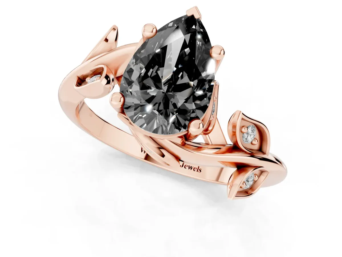 Fancy Black Pear Cut Solitaire Twist Engagement Ring with Leaf Accents and Prong Setting Rose gold