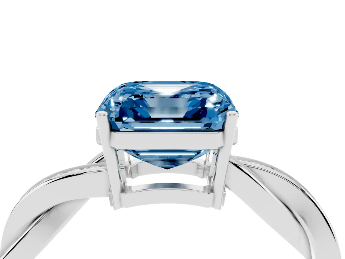 Fancy Blue Asscher Cut Solitaire Twisted Pave Diamond Ring with Four-Prong Setting Silver