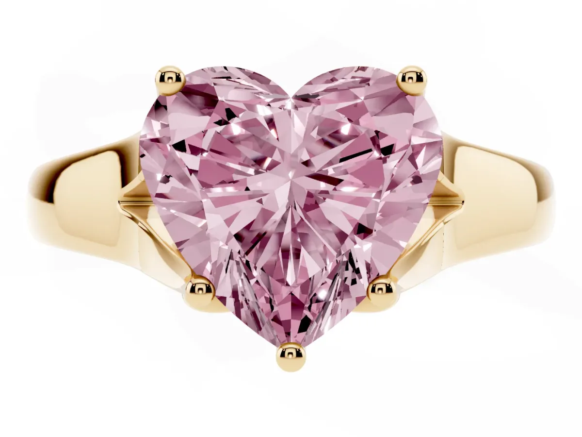 Fancy Pink Heart Cut Solitaire Diamond Ring with Cathedral Band and Four-Prong Setting Yellow gold