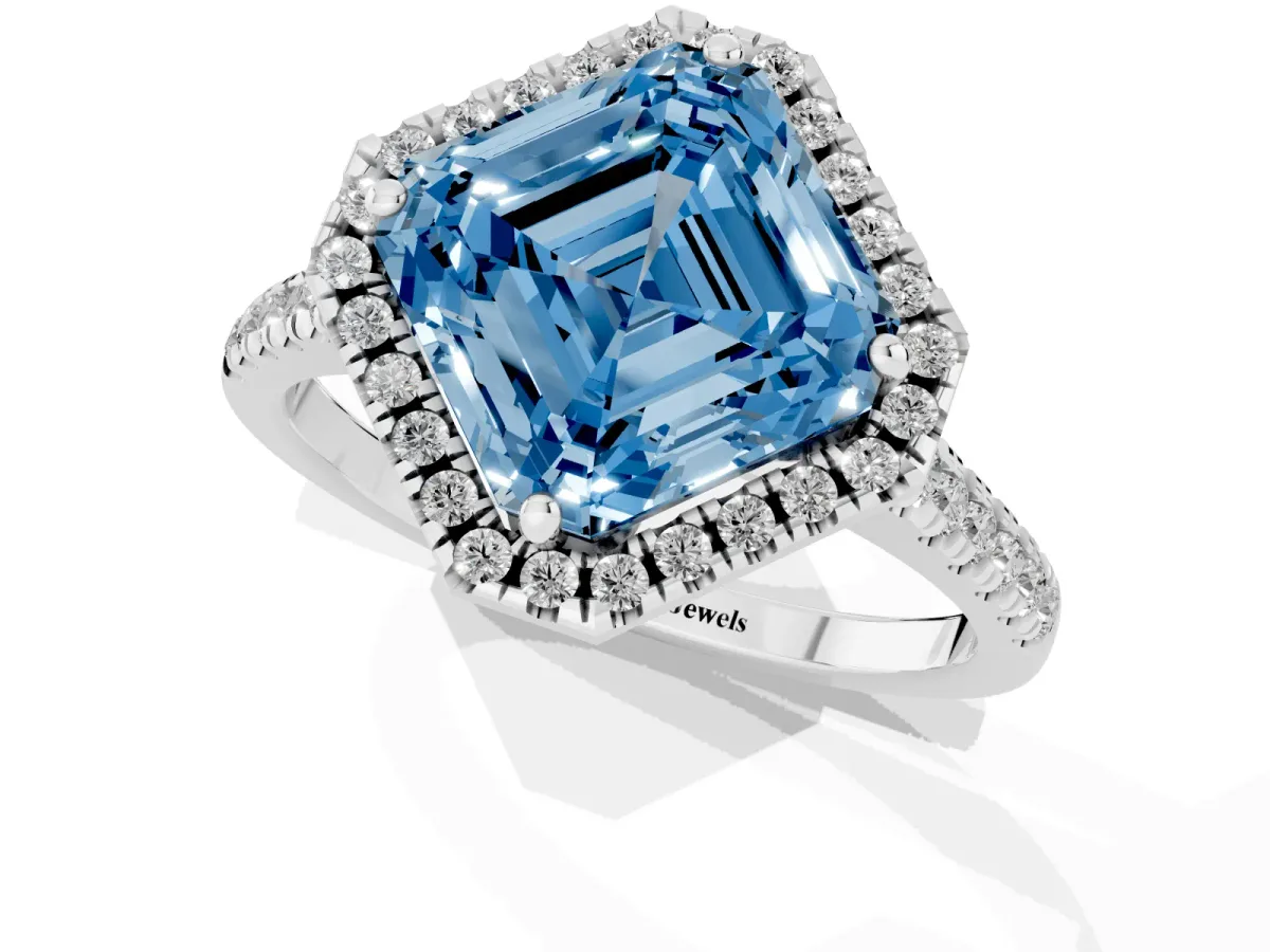Fancy Blue Asscher Cut Diamond Cushion Halo Ring with Pavé Band Platinum