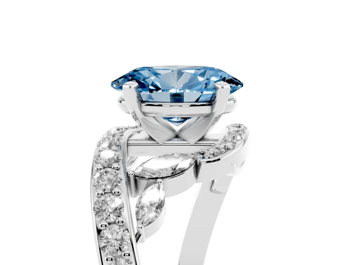 Fancy Blue Oval Cut Solitaire with Pavé Twist Band and Four-Prong Setting Silver