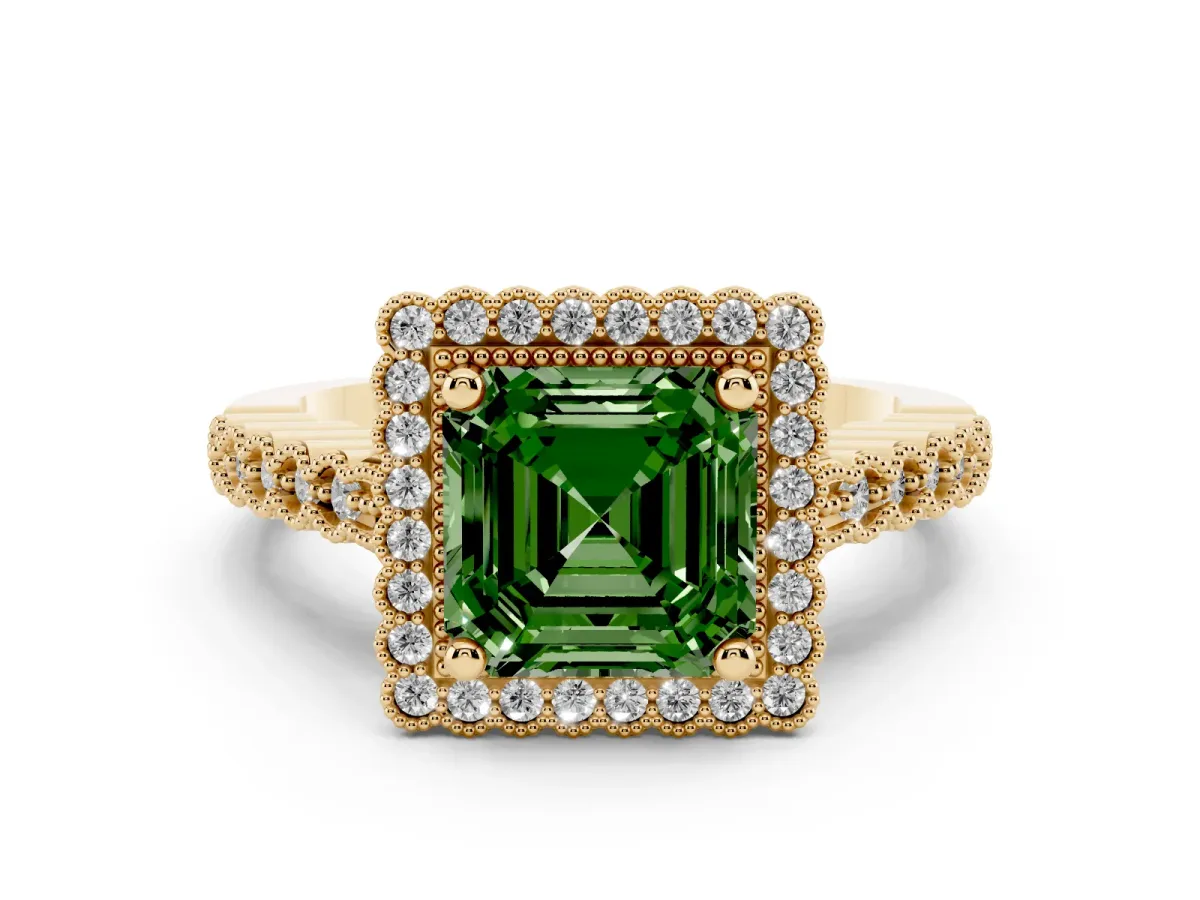 Fancy Green Asscher Cut Cut Halo Pavé Solitaire Ring with Milgrain Band Yellow gold