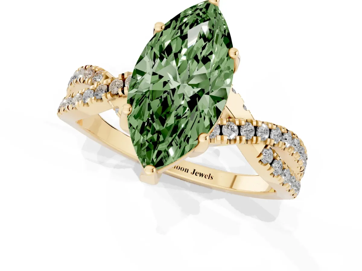 Fancy Green Marquise Cut Solitaire Twist Pave Diamond Engagement Ring with Prong Setting Yellow gold