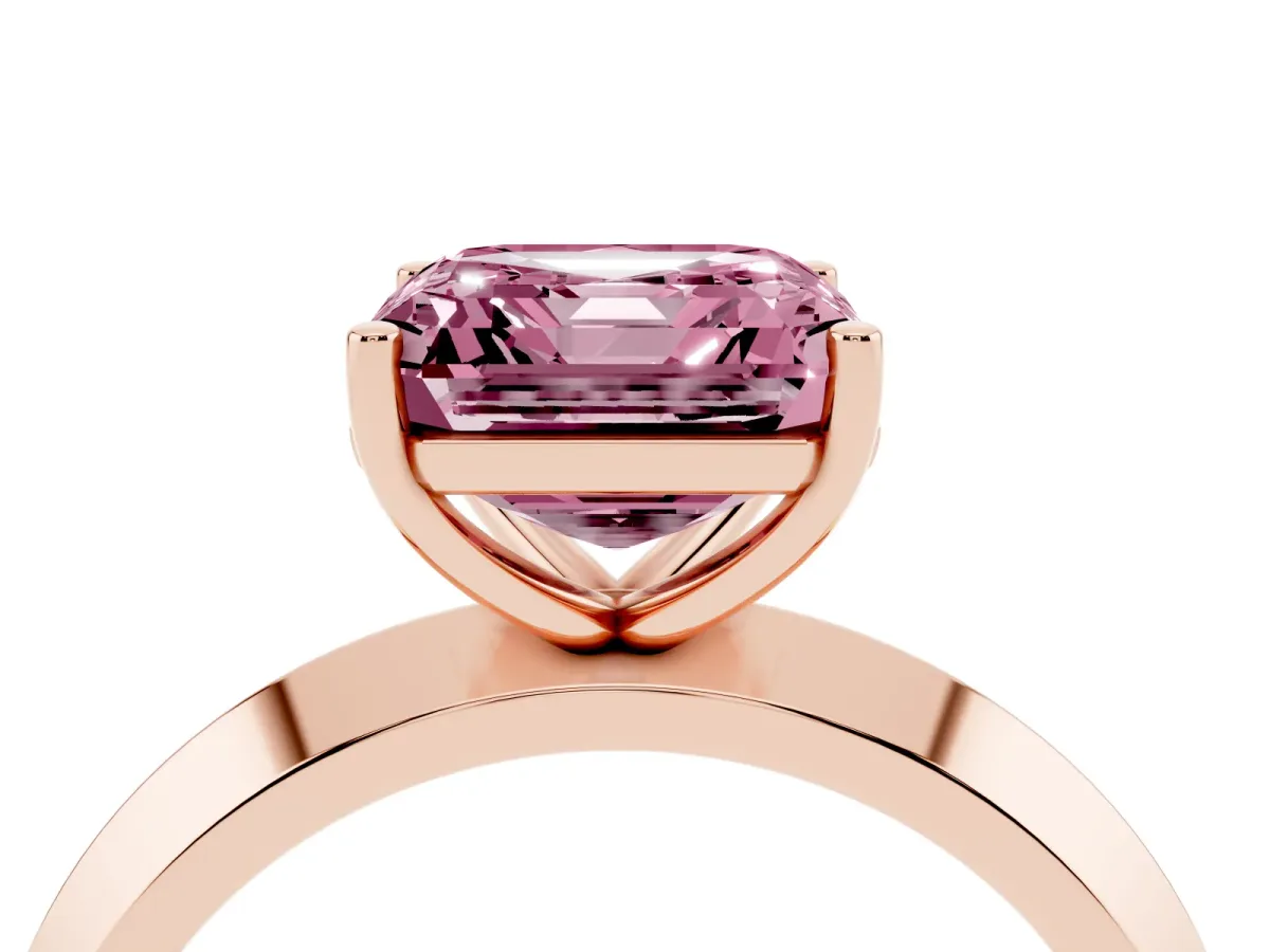 Fancy Pink Asscher Cut Cut Solitaire Engagement Ring with Flat Band and Four-Prong Setting Rose gold