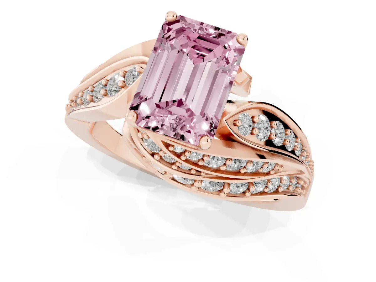 Fancy Pink Emerald Cut Diamond Solitaire Ring with Prong Setting and Twisted Pavé Band Rose gold