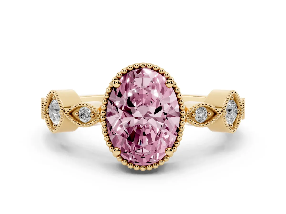 Fancy Pink Oval Cut Diamond Vintage Milgrain Ring with Round Stations Yellow gold