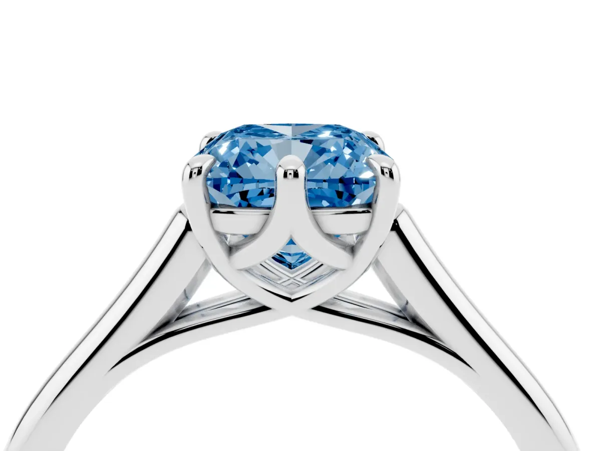 Fancy Blue Cushion Cut Solitaire Engagement Ring with Six-Prong Setting and Classic Band Platinum