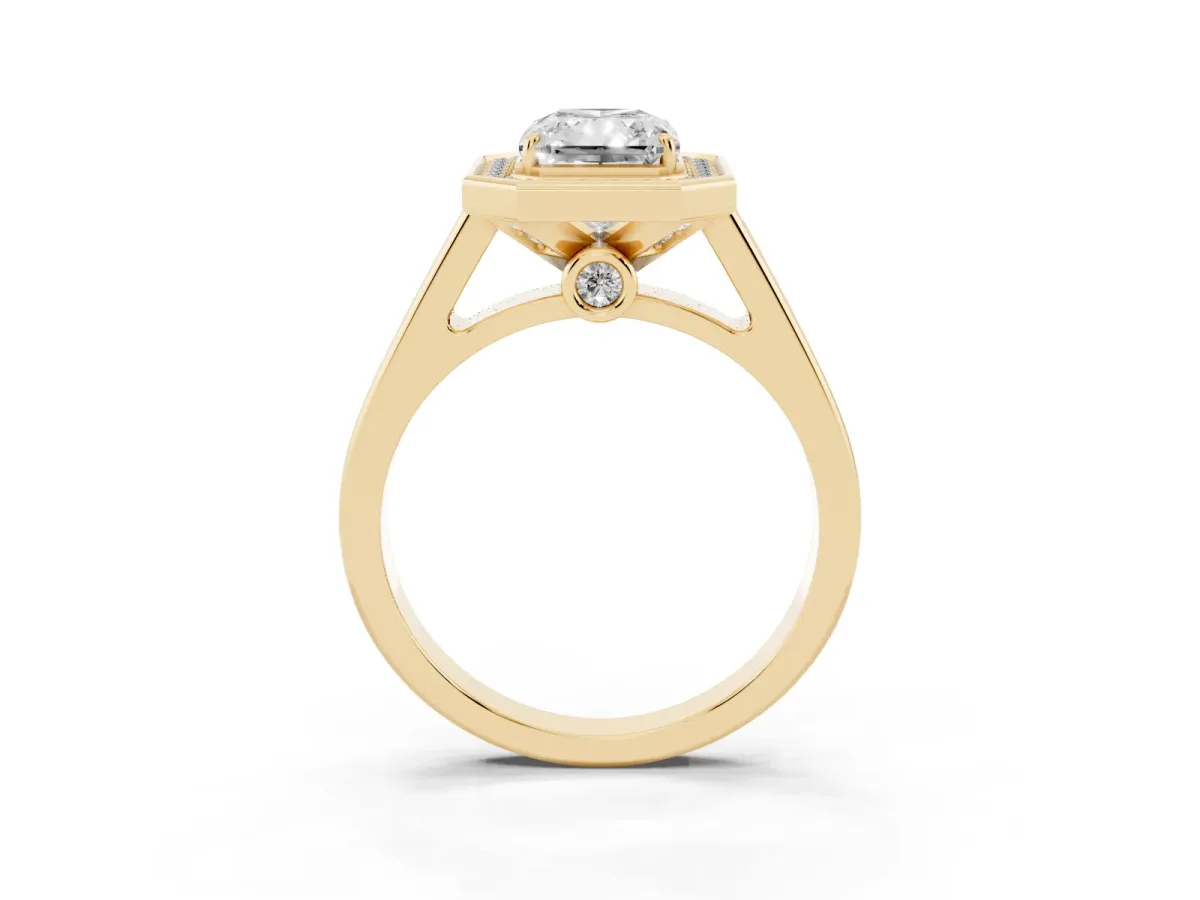 Radiant Cut Halo Solitaire Diamond Ring with Pave Band and Bezel Setting Yellow gold