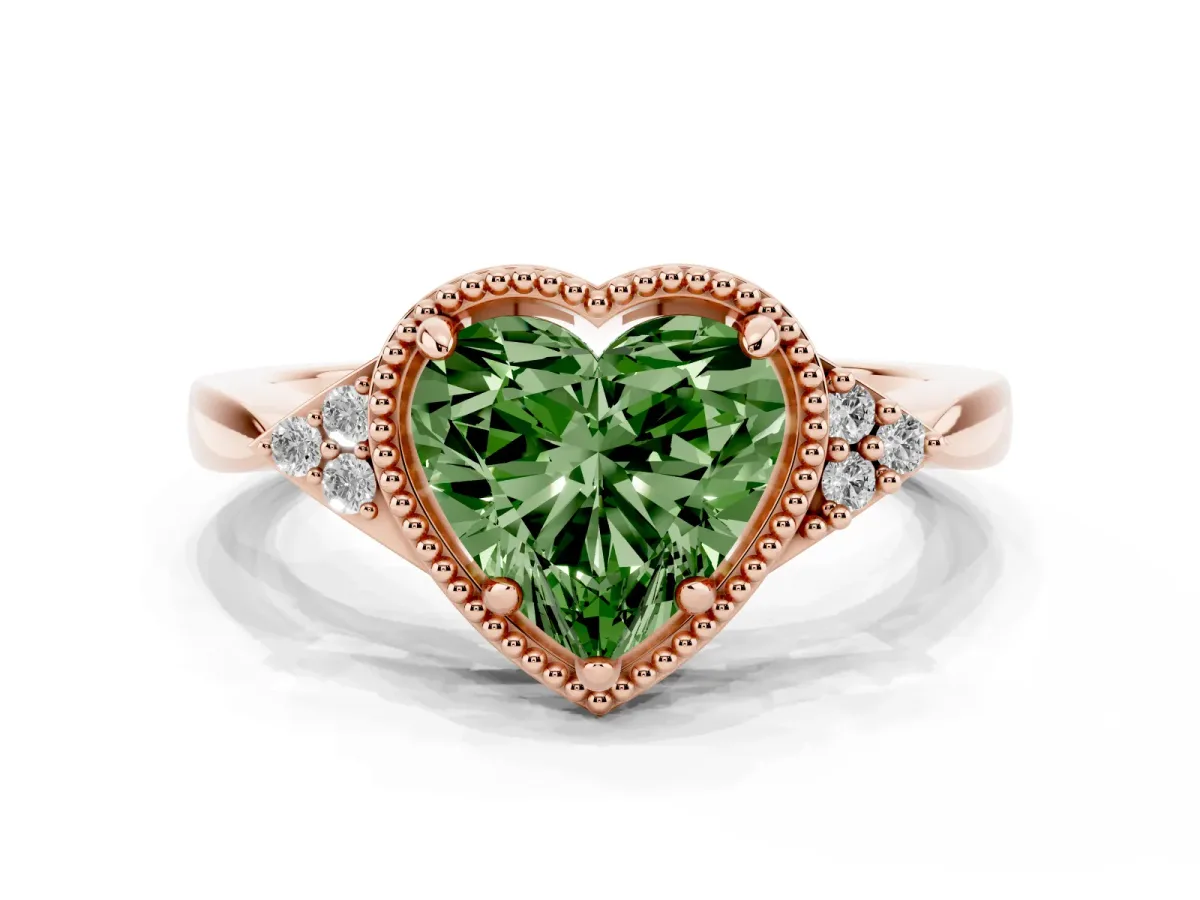 Fancy Green Heart Cut Diamond Halo Ring with Tapered Band and Four-Prong Setting Rose gold