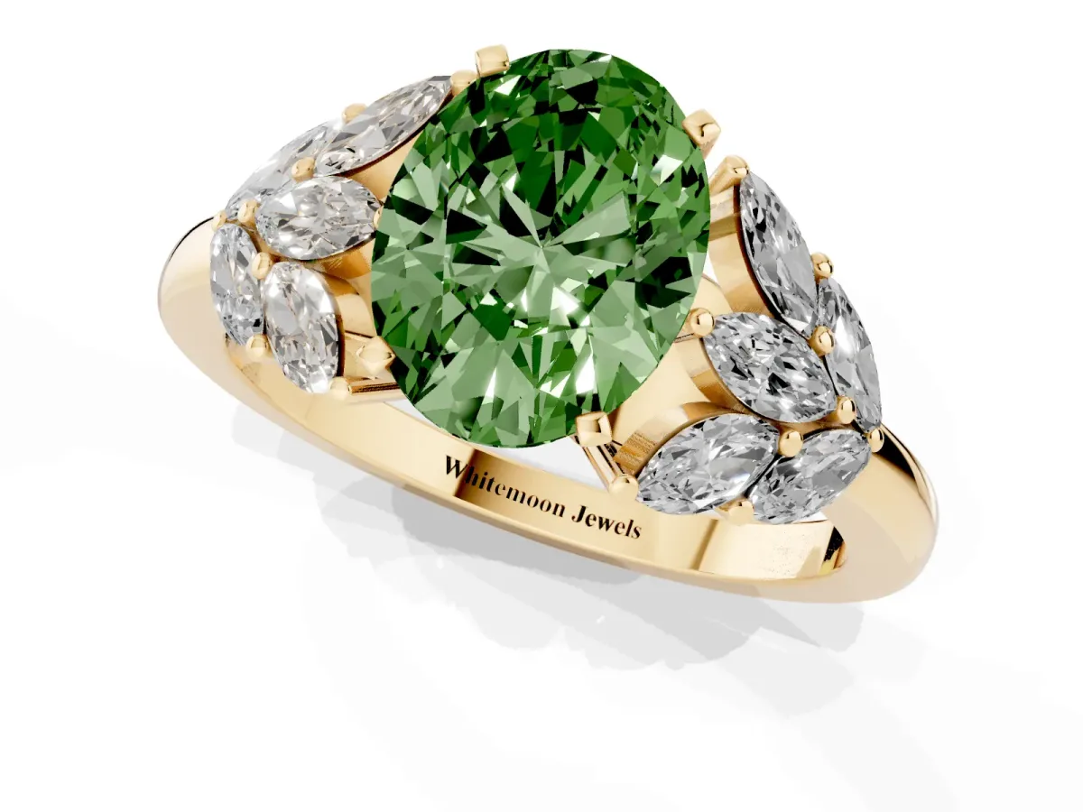 Fancy Green Oval Cut Diamond Cluster Leaf Design Ring with Prong Setting Yellow gold