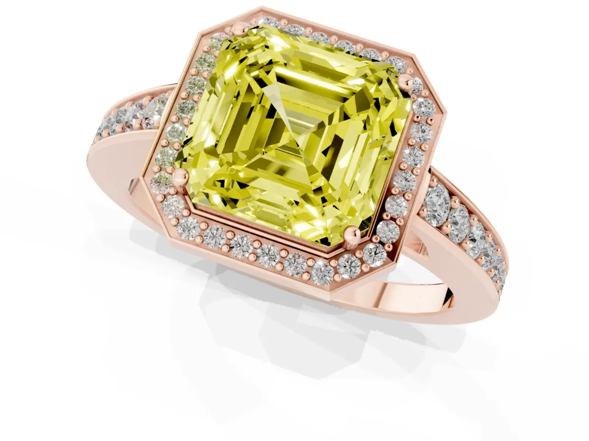 Fancy Yellow Asscher Cut Halo Pavé Diamond Engagement Ring with Bezel Setting Rose gold
