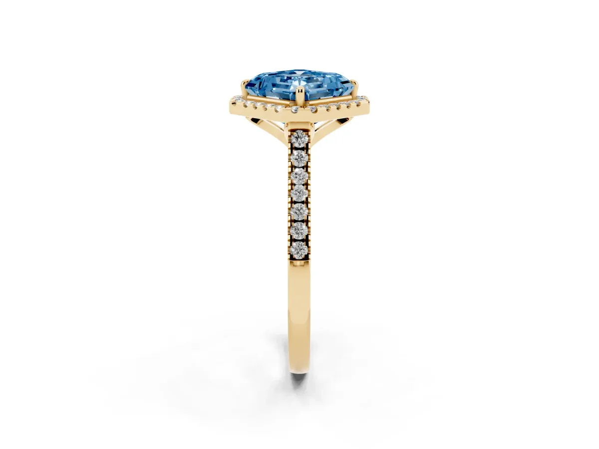 Fancy Blue Asscher Cut Diamond Cushion Halo Ring with Pavé Band Yellow gold