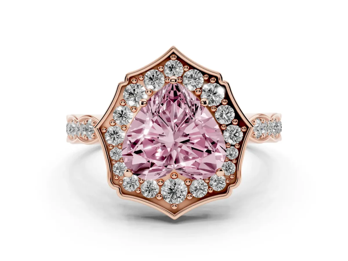 Fancy Pink Heart Cut Halo Diamond Engagement Ring with Milgrain Band and Four-Prong Setting Rose gold