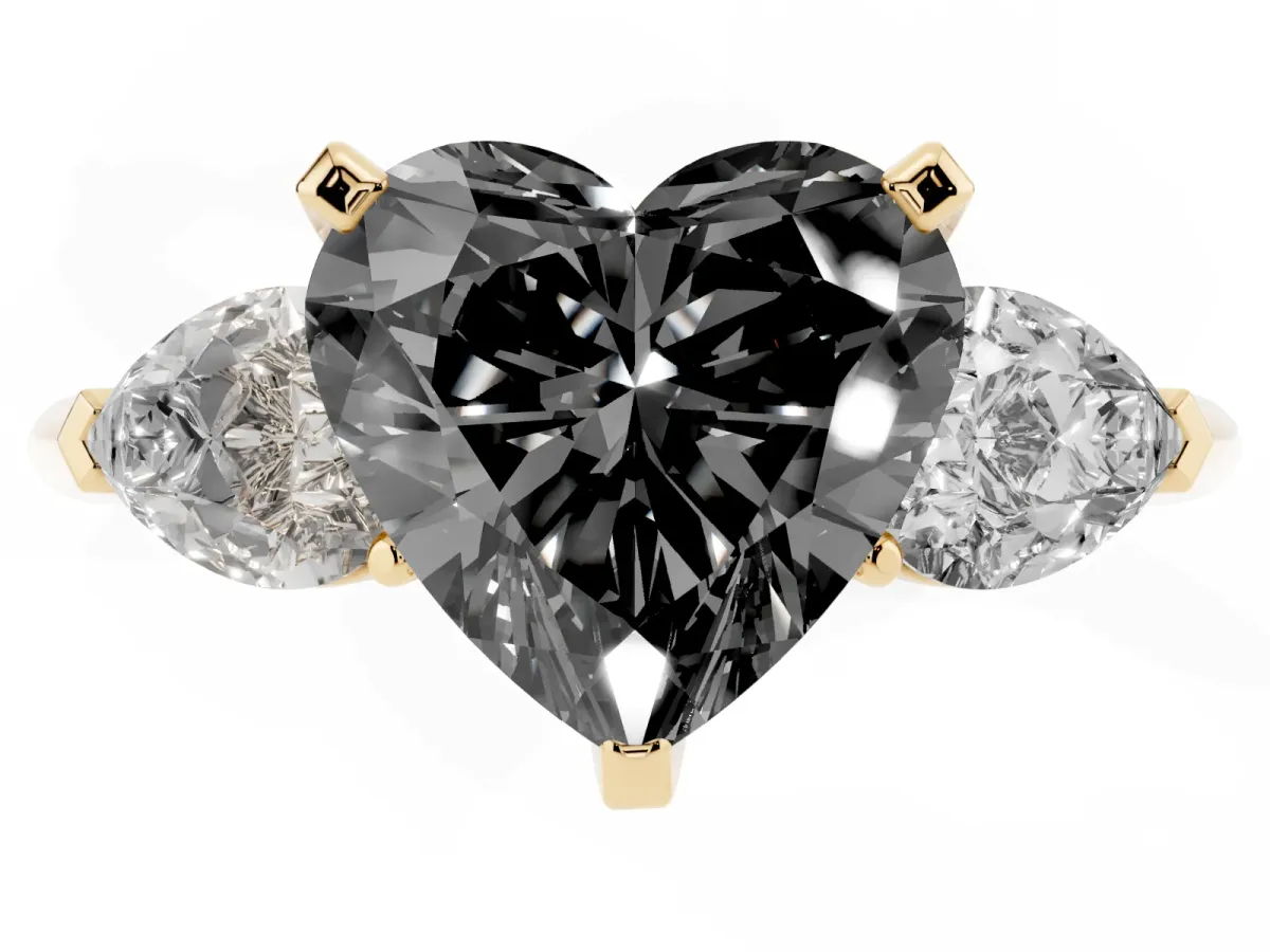 Fancy Black Three-Stone Heart Cut Diamond Ring with Pear Side Stones and Four-Prong Setting Yellow gold