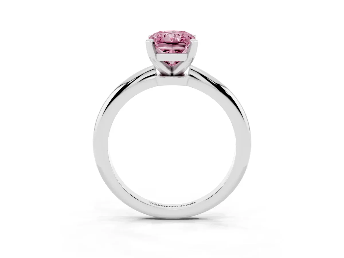 Fancy Pink Radiant Cut Diamond Solitaire Ring with Prong Setting and Classic Band Silver