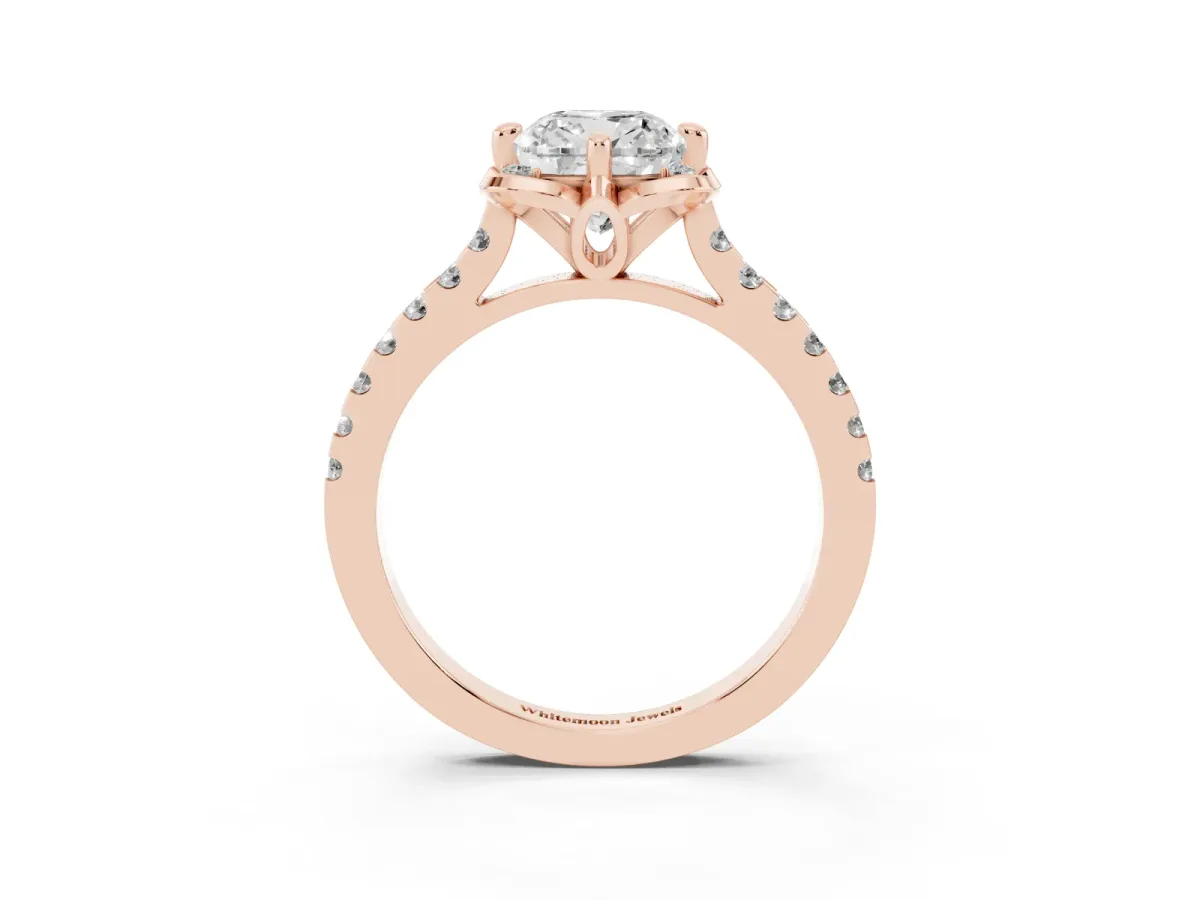 Cushion Cut Diamond Ring with Pavé Band and Floral Prong Setting Rose gold