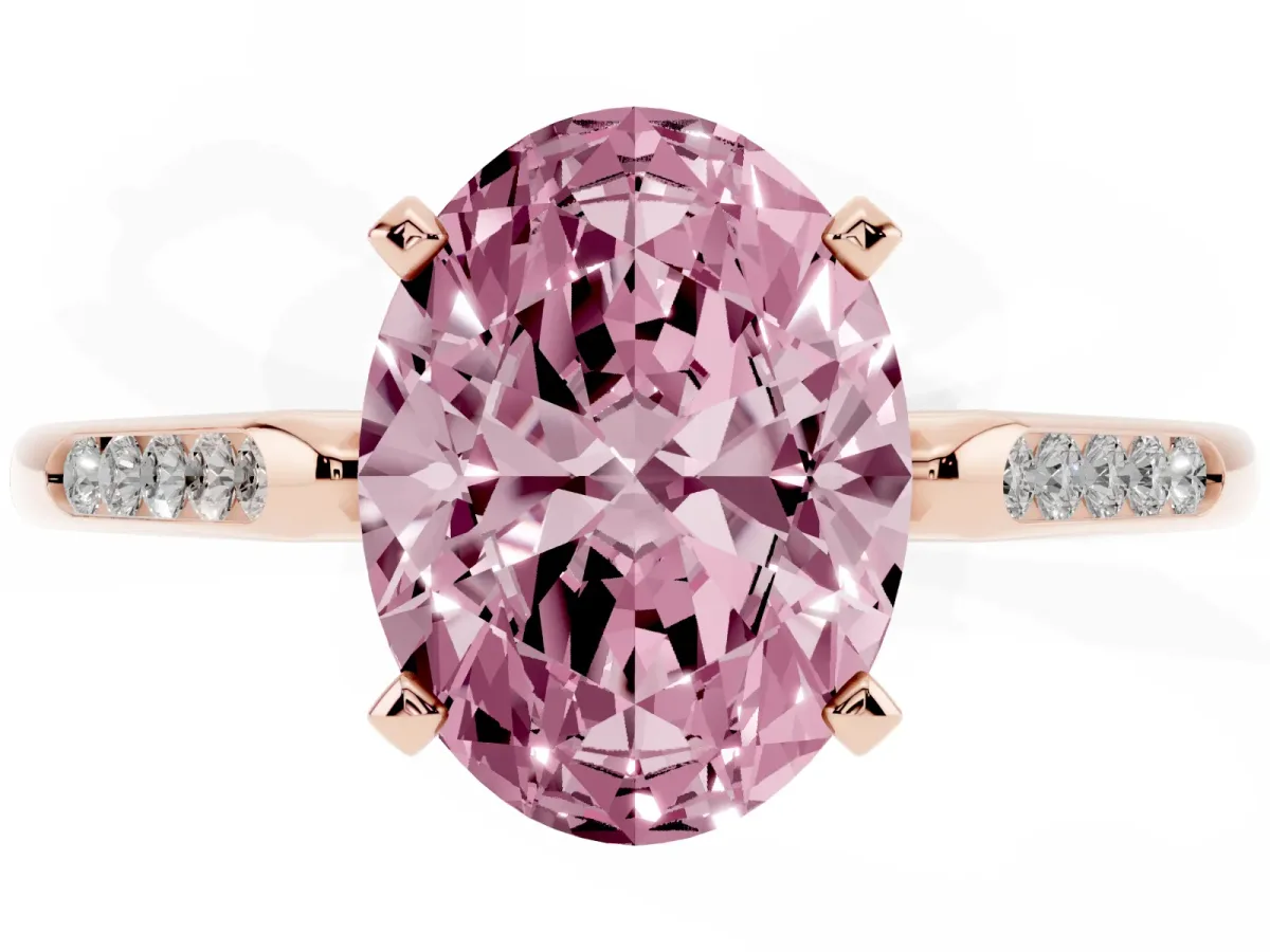 Fancy Pink Oval Cut Diamond Solitaire Ring with Channel Set Round Band and Prong Setting Rose gold