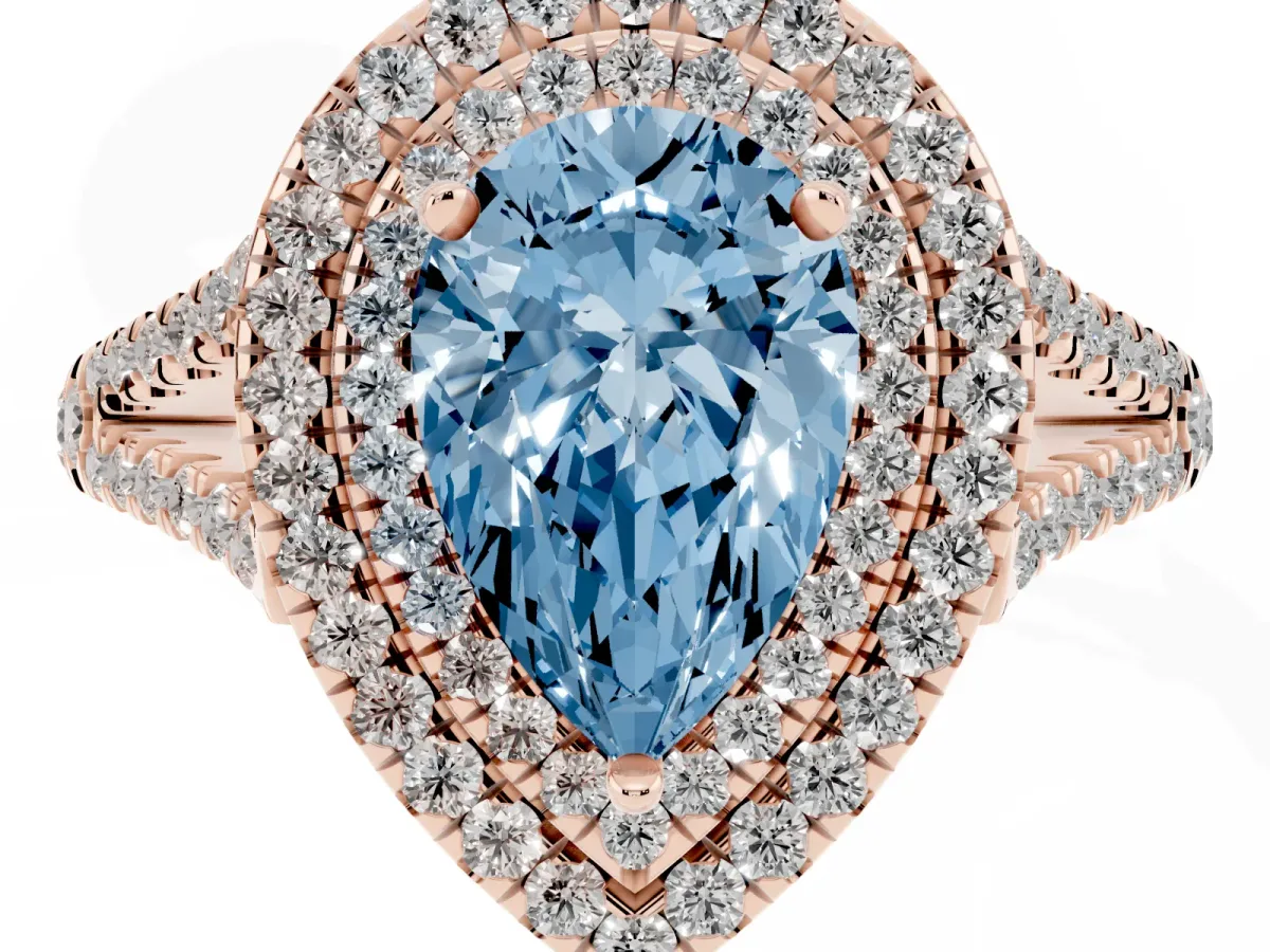 Fancy Blue Pear Cut Diamond Double Halo Ring with Pavé Band and Prong Setting Rose gold