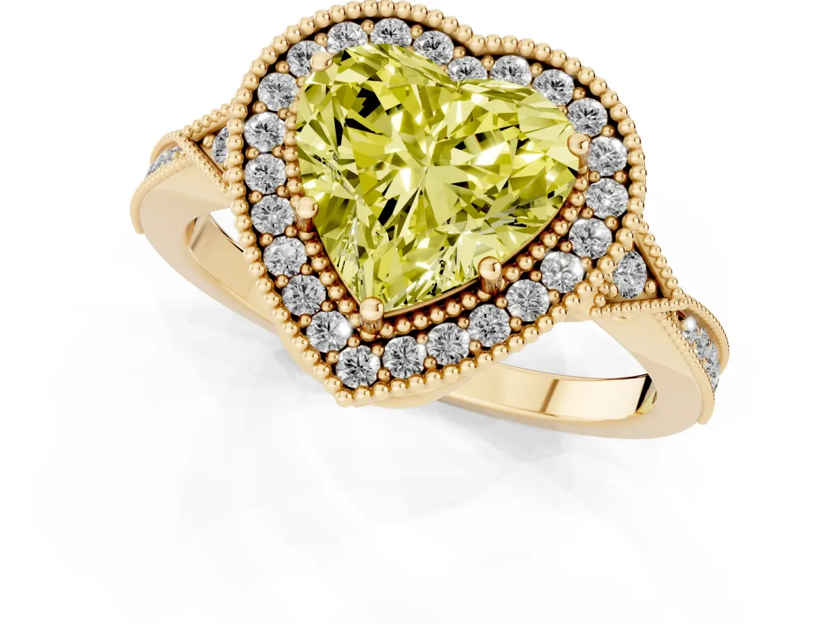 Fancy Yellow Heart Cut Halo Round Diamond Milgrain Pave Engagement Ring Yellow gold