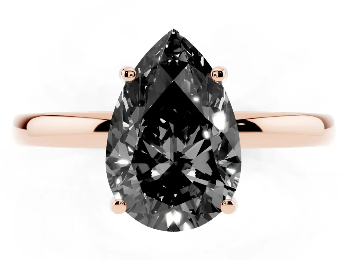 Fancy Black Pear Cut Solitaire Diamond Ring with Prong Setting and Plain Band Rose gold
