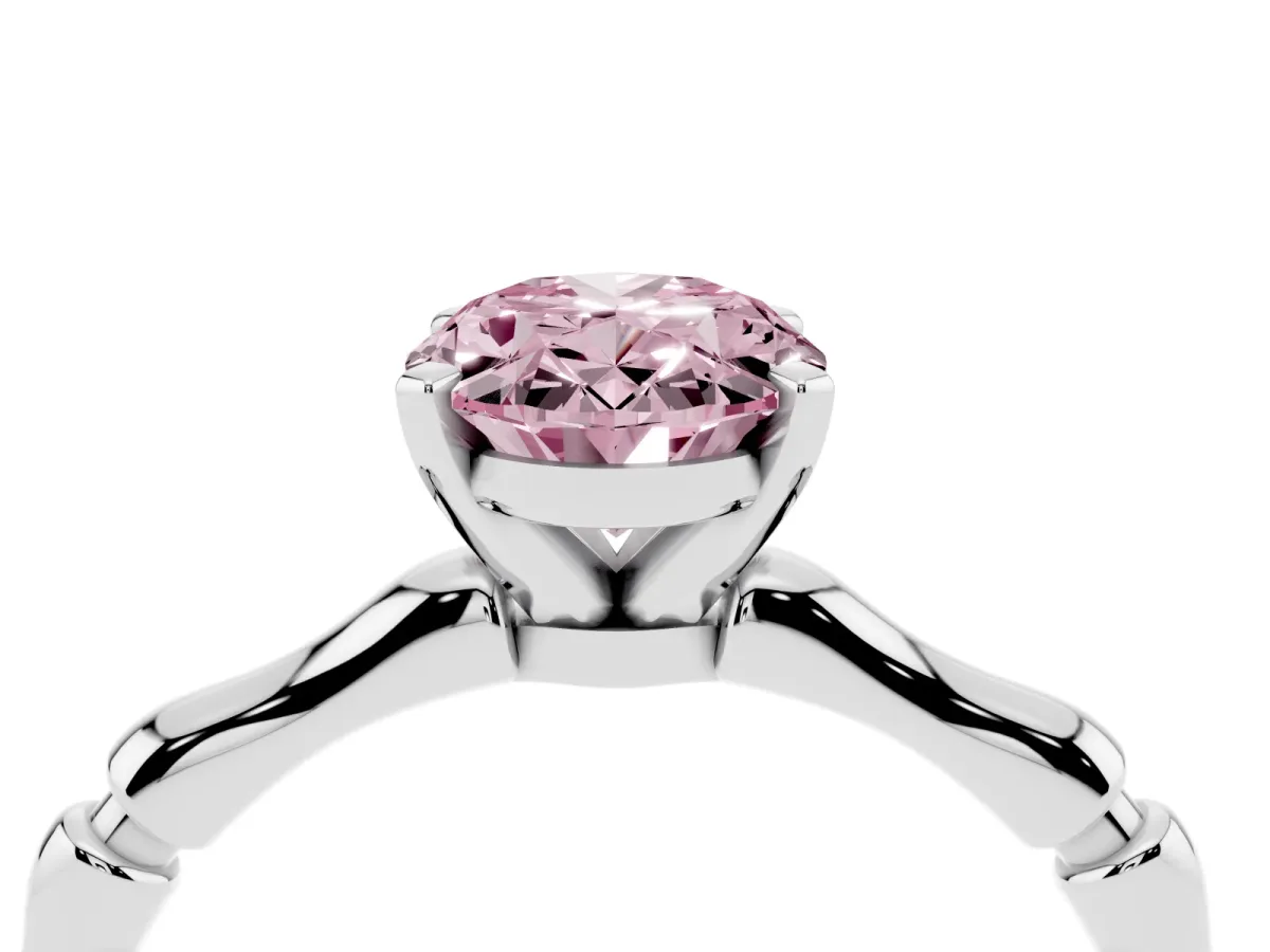 Fancy Pink Oval Cut Solitaire Diamond Ring with Bamboo Band and Four-Prong Setting Silver