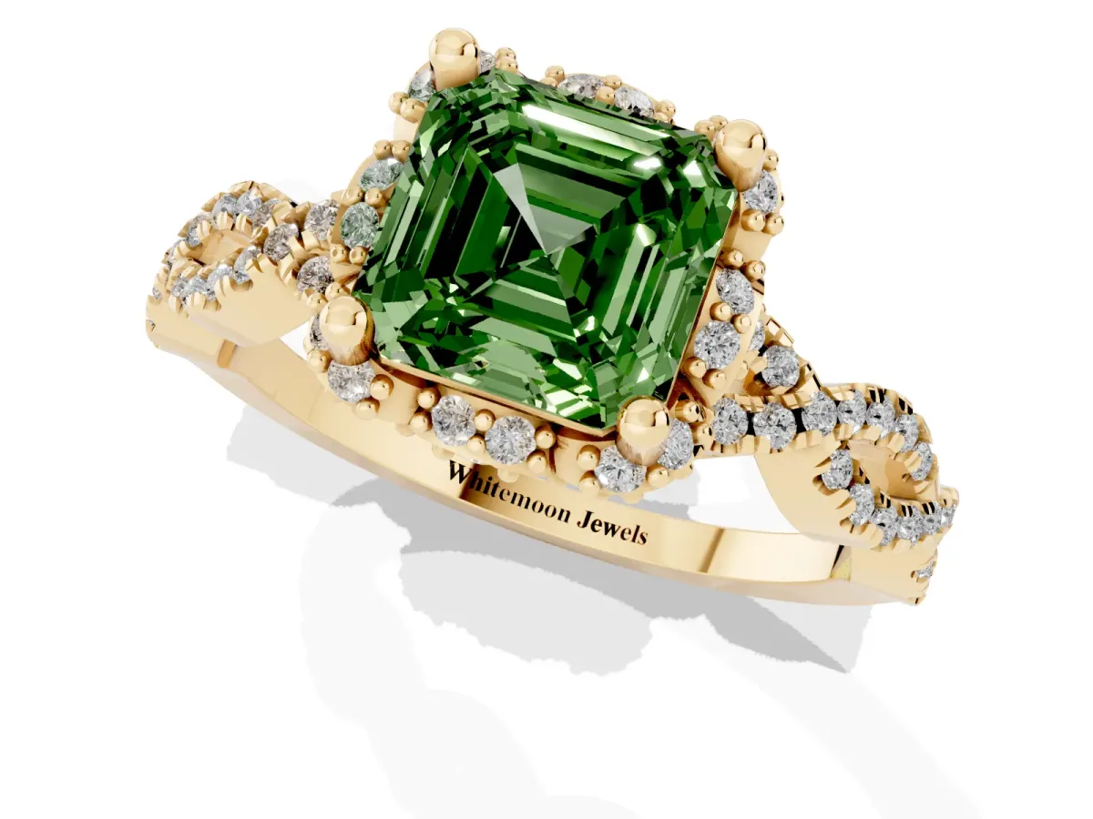 Fancy Green Asscher Cut Halo Twist Band Solitaire Ring with Six-Prong Setting Yellow gold