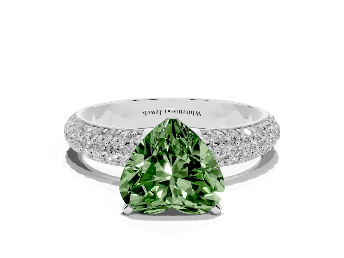 Fancy Green Heart Cut Diamond Solitaire Ring with Prong Setting and Pavé Band Silver