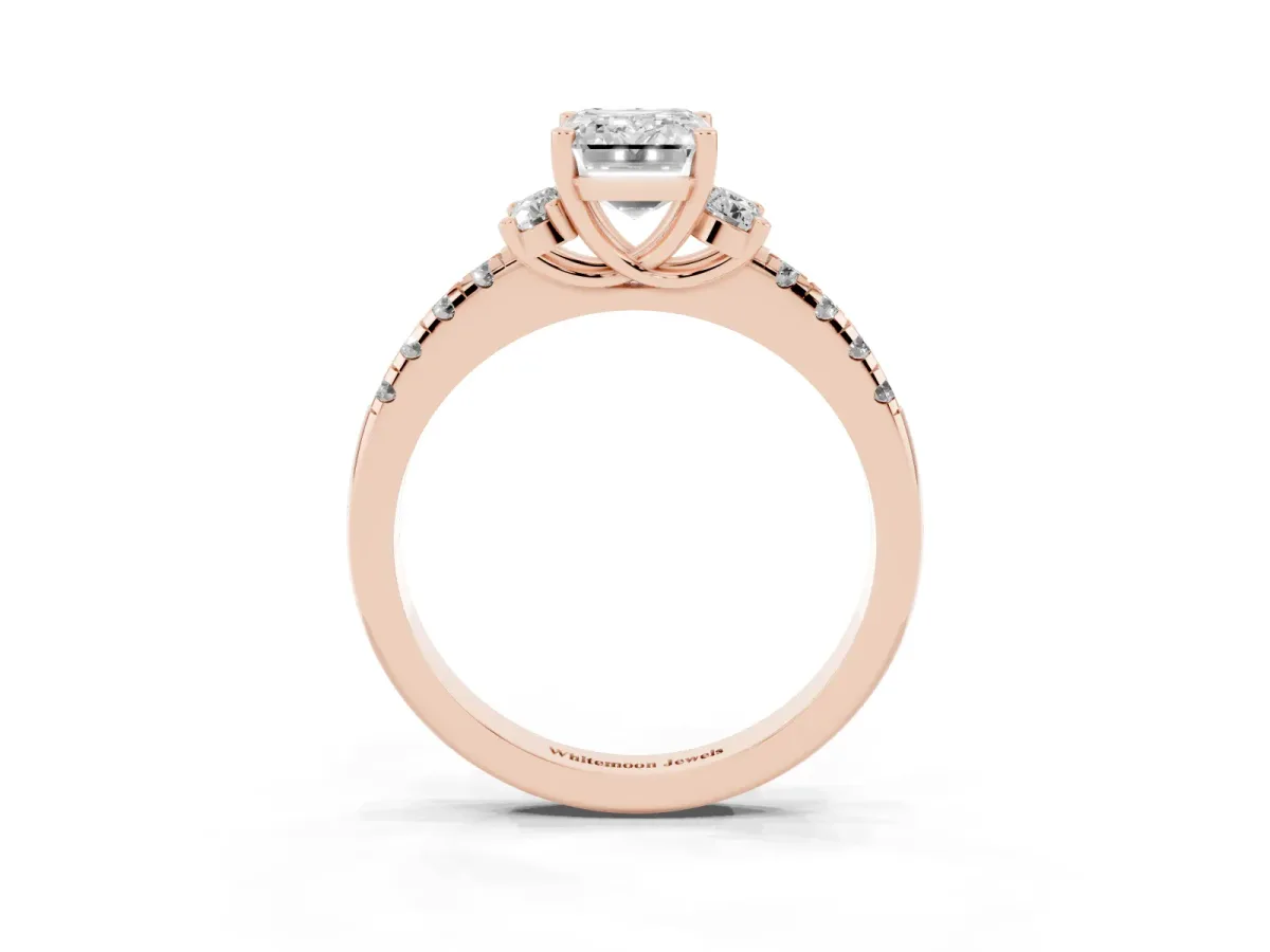 Emerald Cut Diamond Three-Stone Pave Band with Four-Prong Setting Rose gold