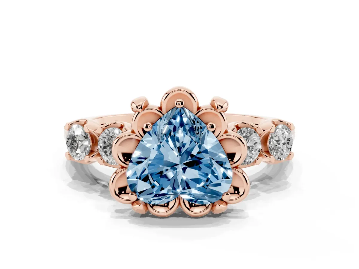 Fancy Blue Heart Cut Cut Diamond Floral Halo Engagement Ring with Shared Prong Setting Rose gold