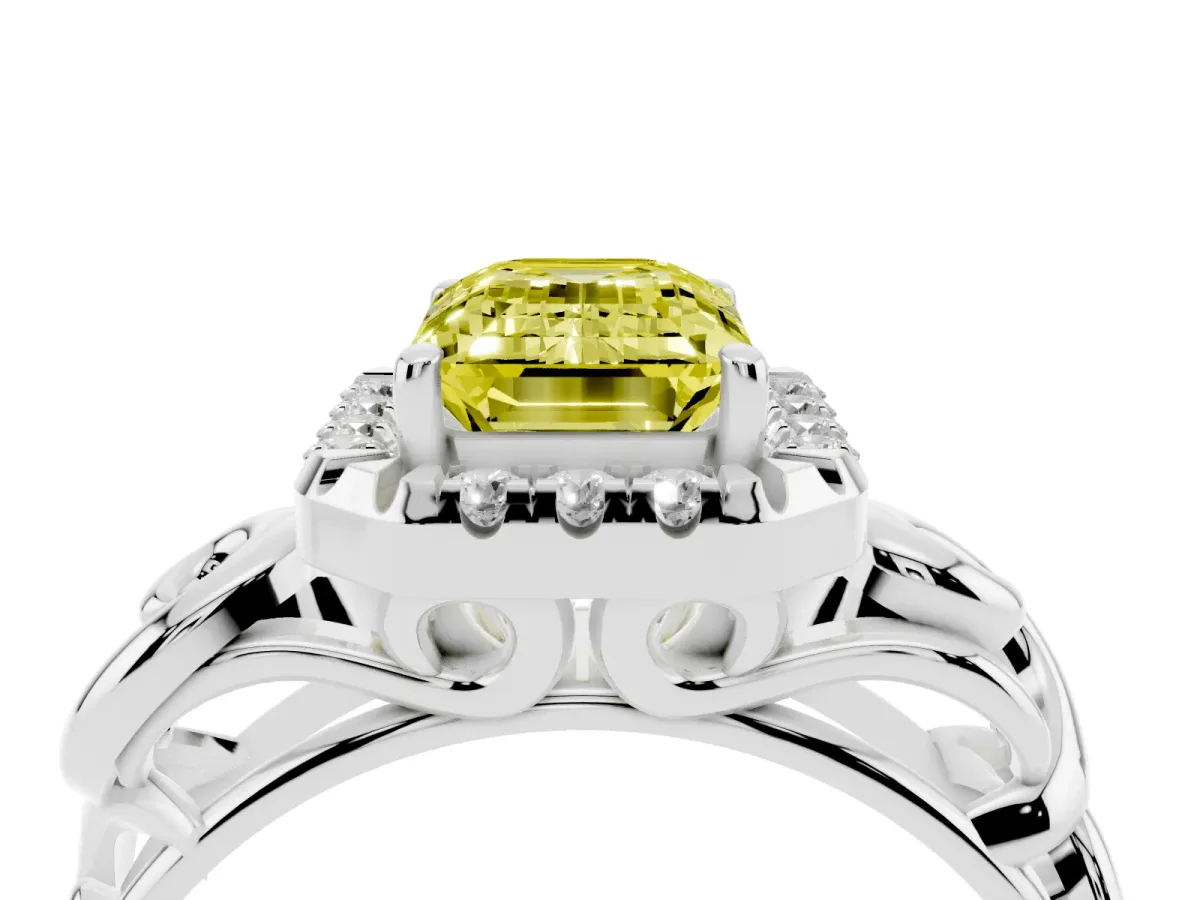 Fancy Yellow Emerald Cut Cut Halo Diamond Ring with Scrollwork Band and Four-Prong Setting Silver