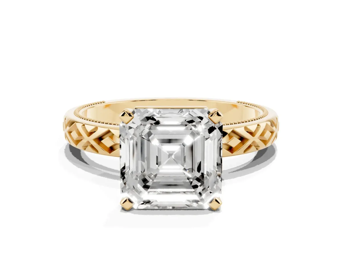 Asscher Cut Solitaire Diamond Ring with Milgrain and Black Enamel X Pattern Band Yellow gold