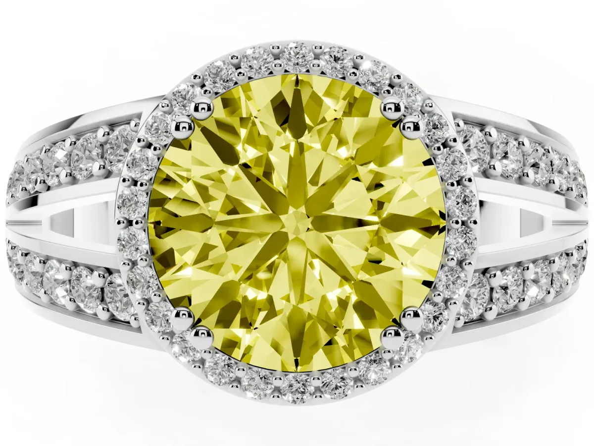 Fancy Yellow Round Cut Diamond Halo Ring with Split Shank Pavé Band and Four-Prong Setting White gold