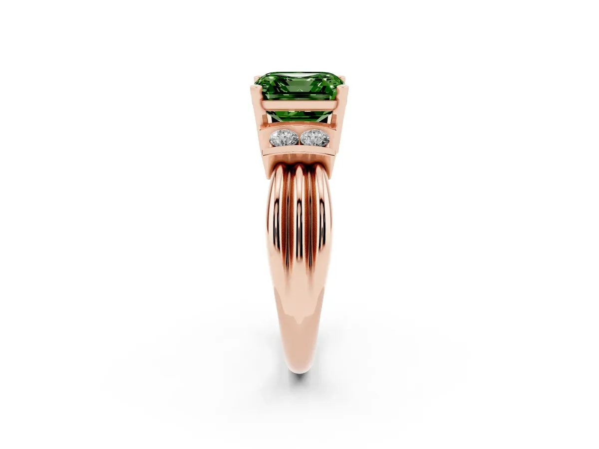 Fancy Green Asscher Cut Cut Three-Stone Channel Set Ring with Bar Prongs Rose gold