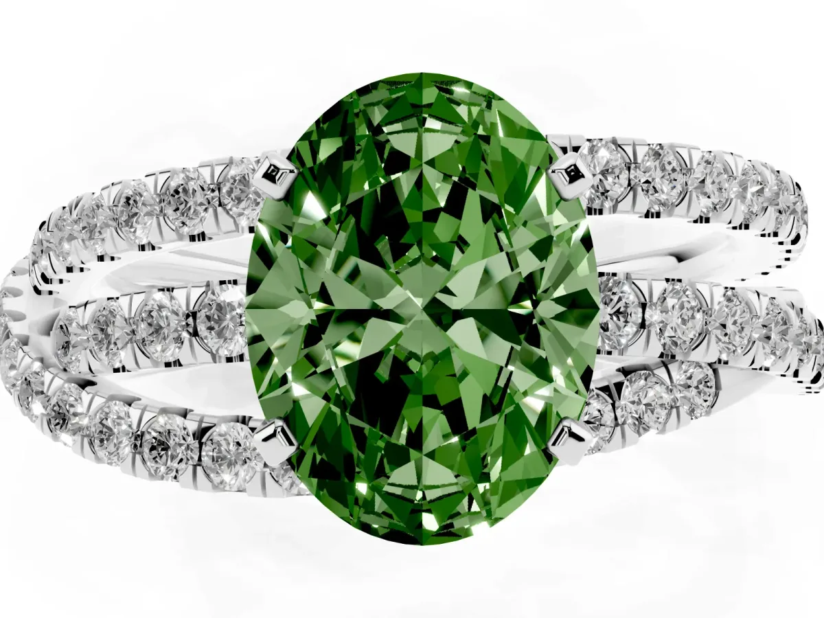 Fancy Green Oval Cut Solitaire Twist Band with Pavé Setting and Four-Prong Setting Silver