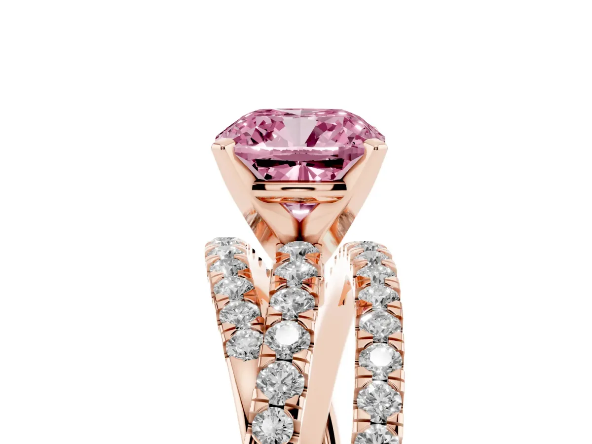 Fancy Pink Cushion Cut Solitaire Twist Band with Pavé Setting and Four-Prong Setting Rose gold