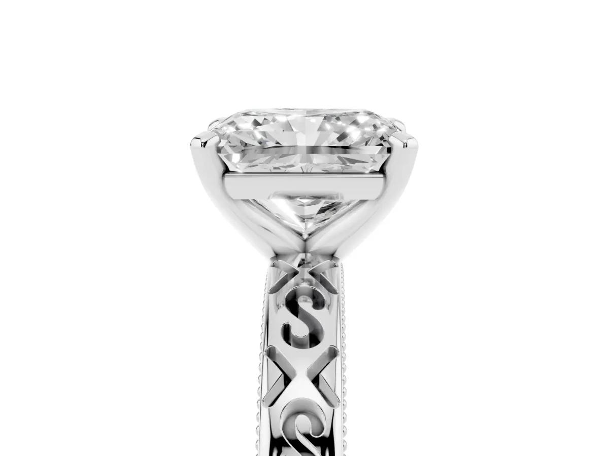 Radiant Cut Solitaire Engagement Ring with Scrollwork Band and Four-Prong Setting White gold