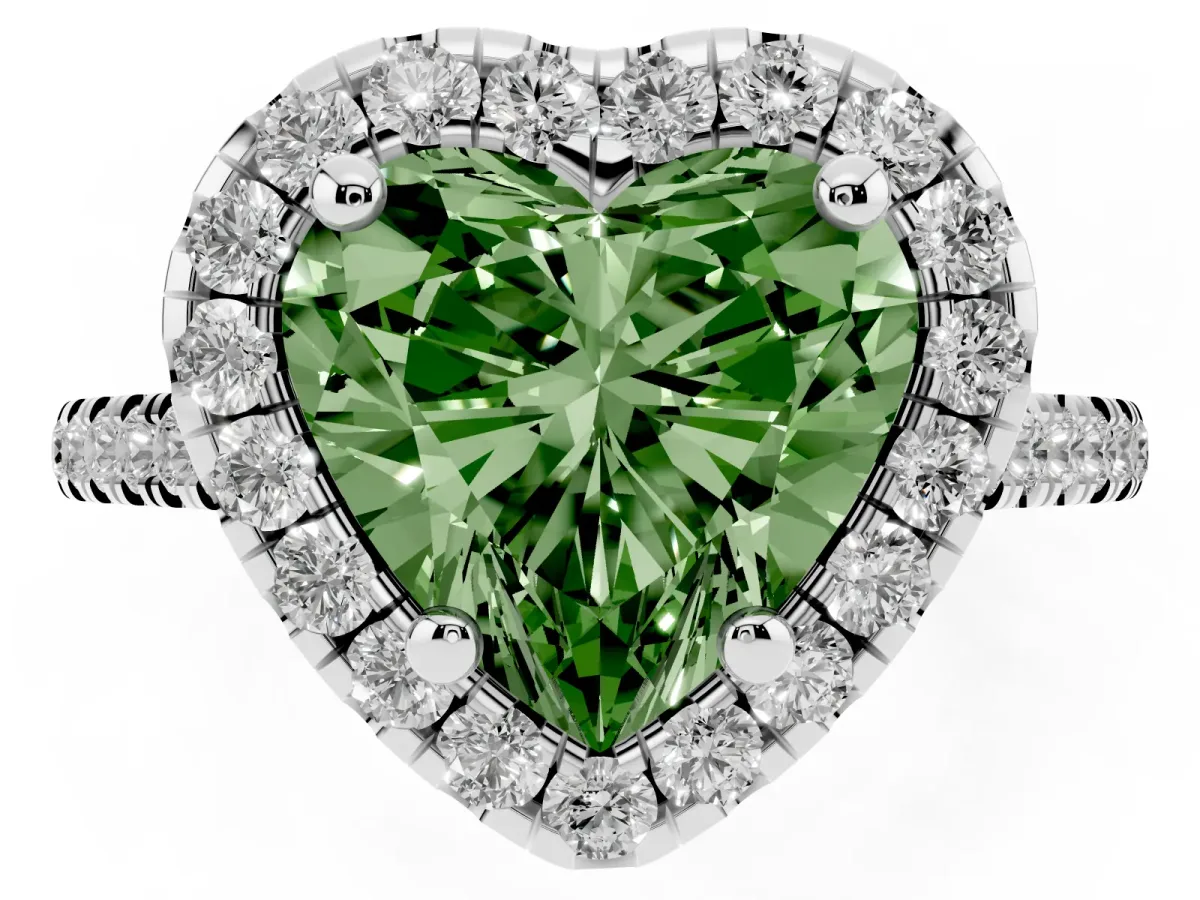 Fancy Green Heart Cut Diamond Cushion Halo Ring with Pavé Band Platinum