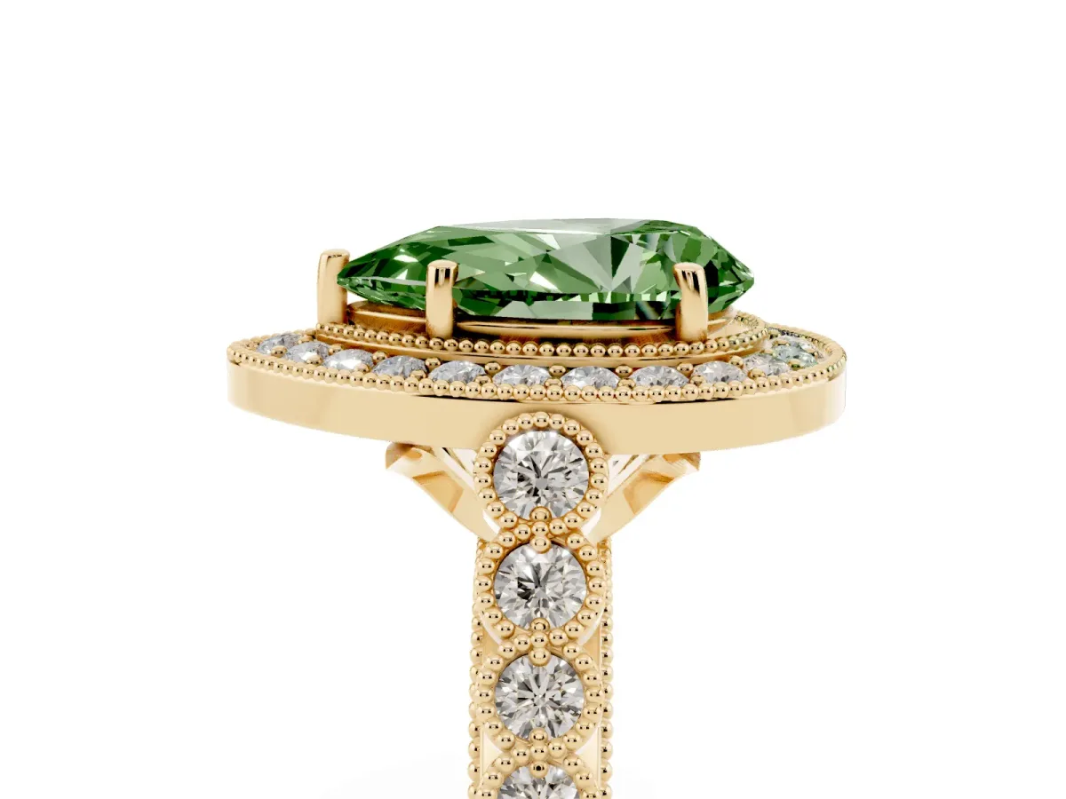 Fancy Green Pear Cut Halo Twist Band Solitaire Ring with Six-Prong Setting Yellow gold