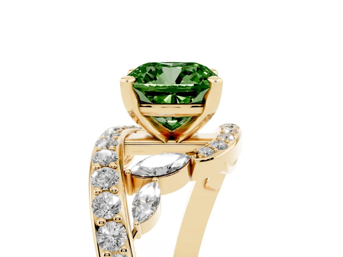 Fancy Green Cushion Cut Diamond Solitaire Ring with Filigree Band and Four-Prong Setting Yellow gold