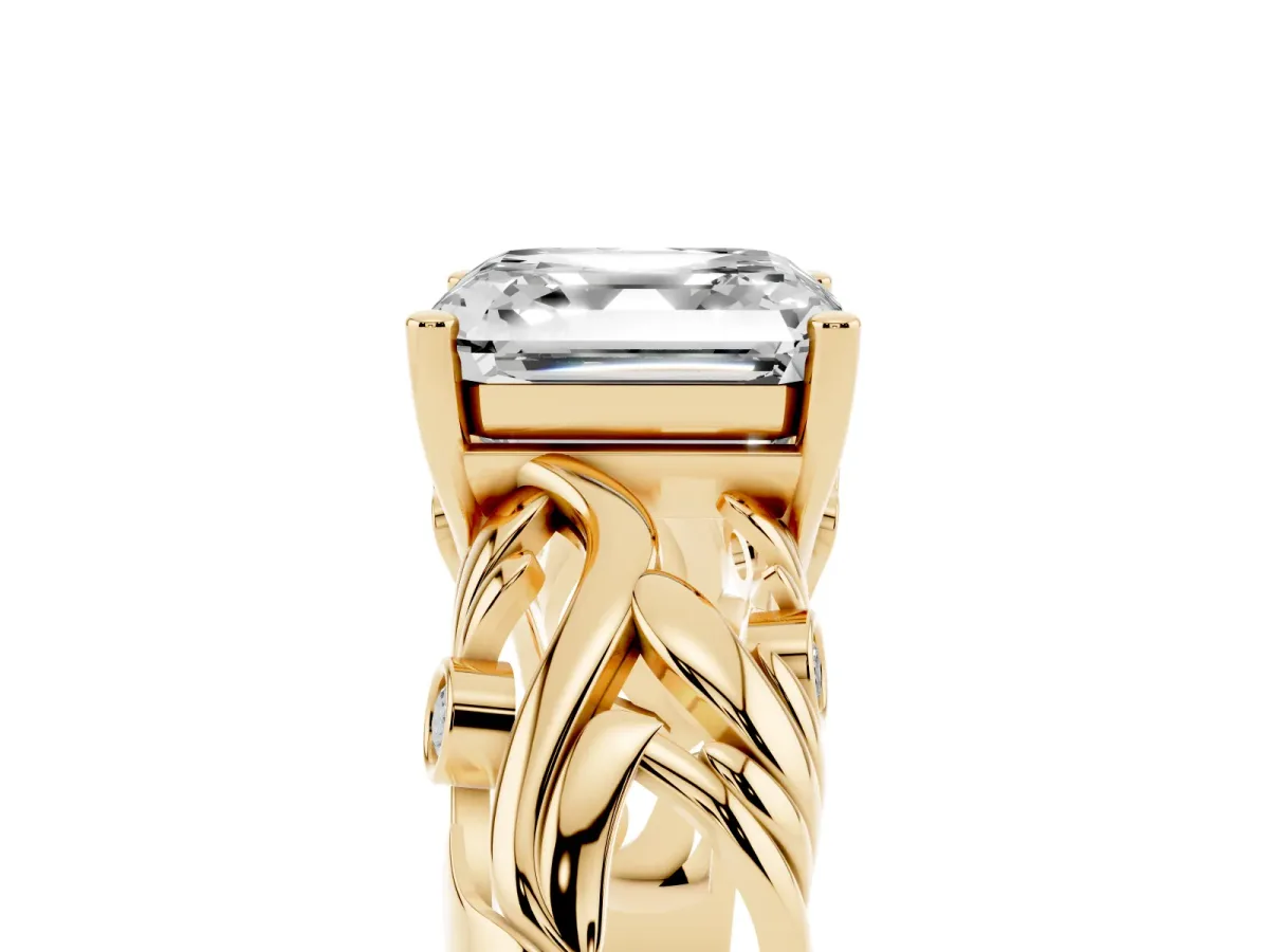 Asscher Cut Solitaire Diamond Leaf-Inspired Vine Band Ring with Prong Setting Yellow gold