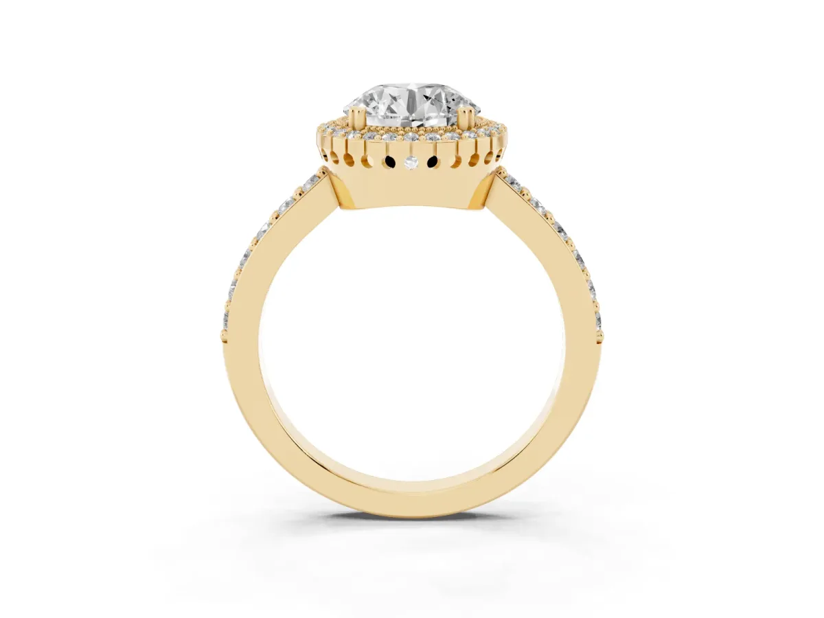 Round Cut Cut Diamond Halo Engagement Ring with Milgrain Detail and Pavé Band Yellow gold