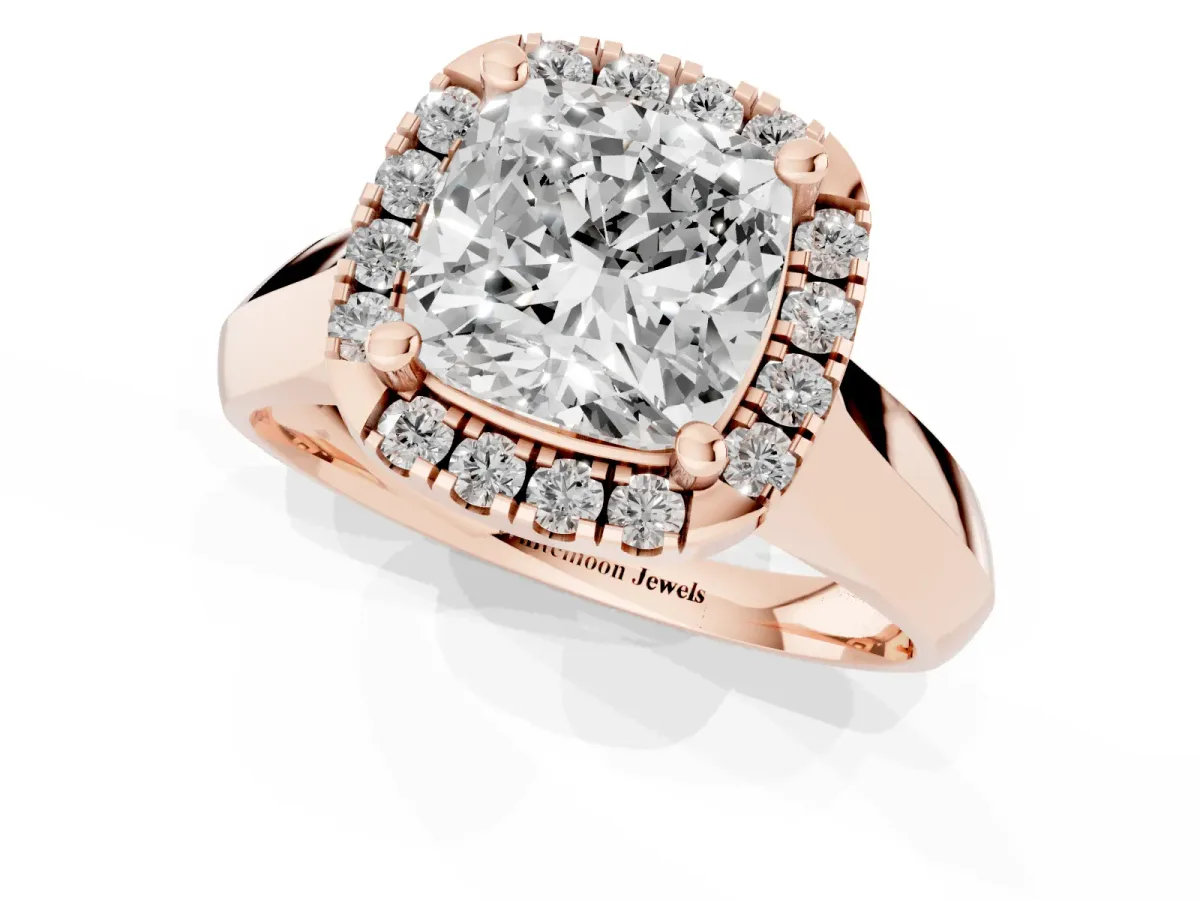 Cushion Cut Cut Halo Solitaire Engagement Ring with Square Band and Four-Prong Setting Rose gold