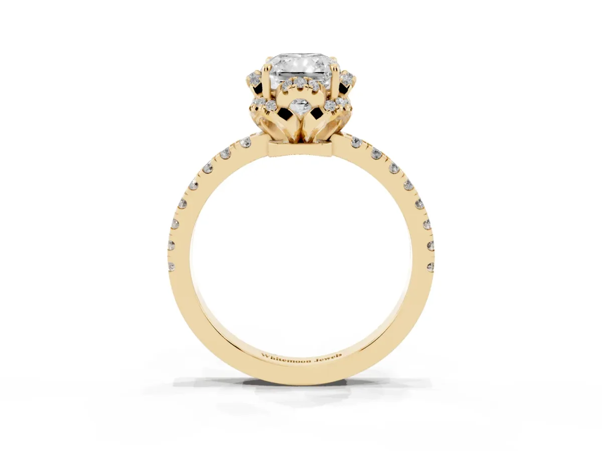 Radiant Cut Halo Diamond Pave Band Ring with Four-Prong Setting Yellow gold