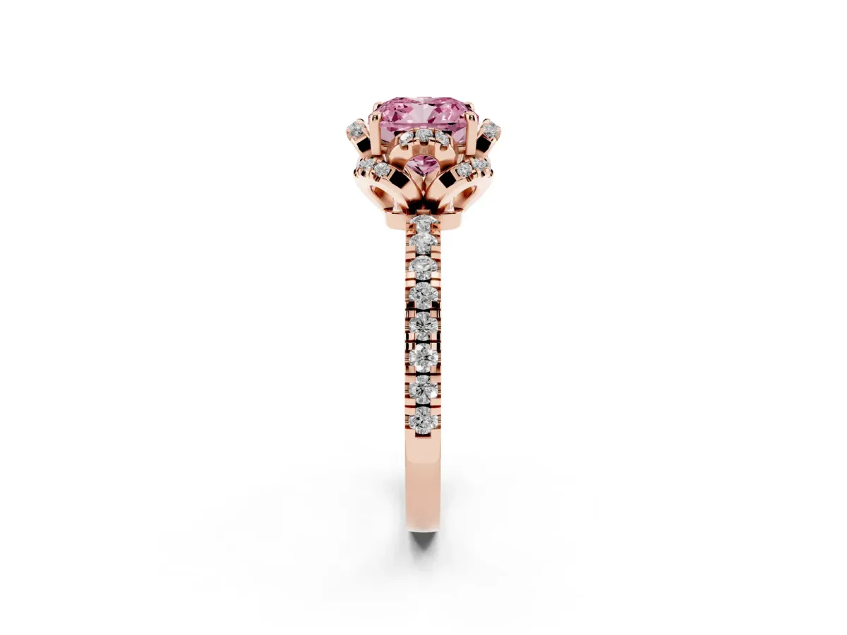 Fancy Pink Cushion Cut Halo Diamond Pave Band Ring with Four-Prong Setting Rose gold