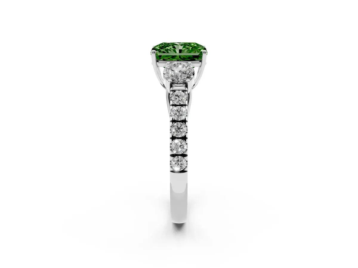 Fancy Green Radiant Cut Cut Diamond Three-Stone Ring with Round Side Stones and Pavé Band Silver