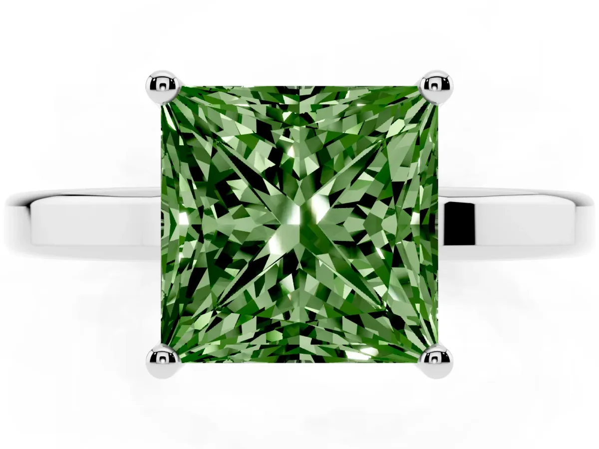 Fancy Green Princess Cut Cut Solitaire Engagement Ring with Four-Prong Setting on a Classic Band Silver