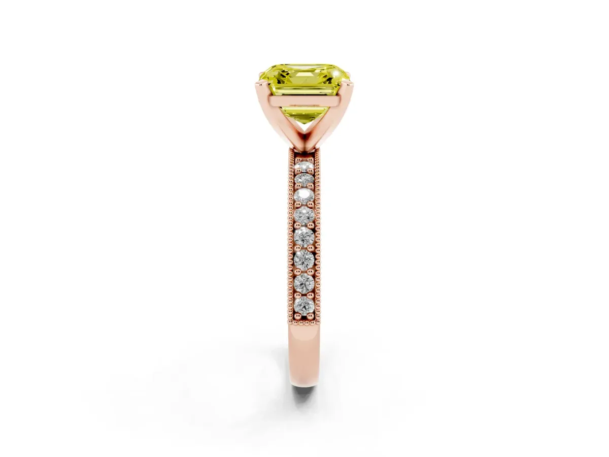 Fancy Yellow Asscher Cut Diamond Milgrain Pavé Engagement Ring with Four-Prong Setting Rose gold