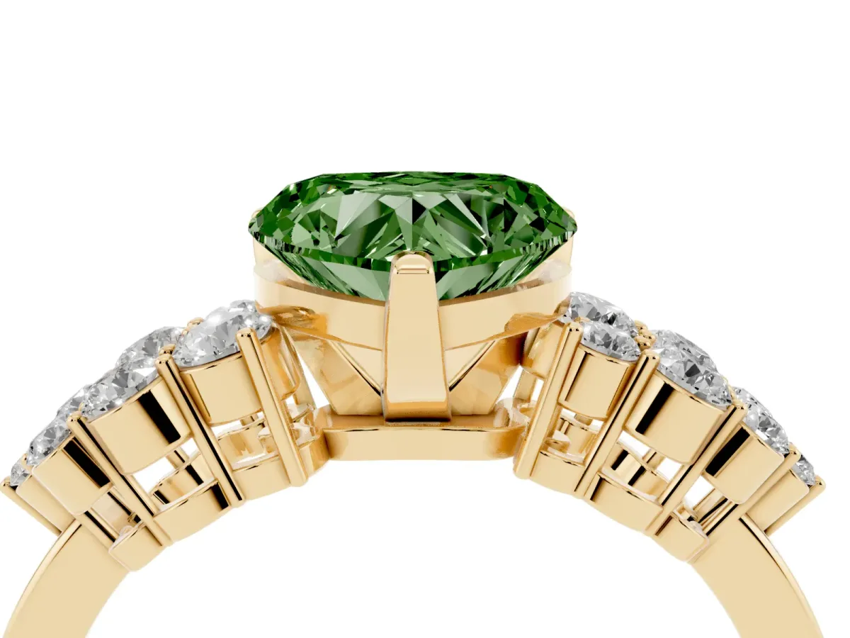 Fancy Green Heart Cut Cluster Diamond Engagement Ring with Pavé Band and Four-Prong Setting Yellow gold